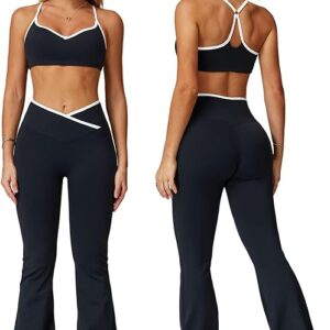 Two Piece Workout Sets for Women Racerback Tank Top Matching High Waist Wide Leg Yoga Pants Pilates Outfits